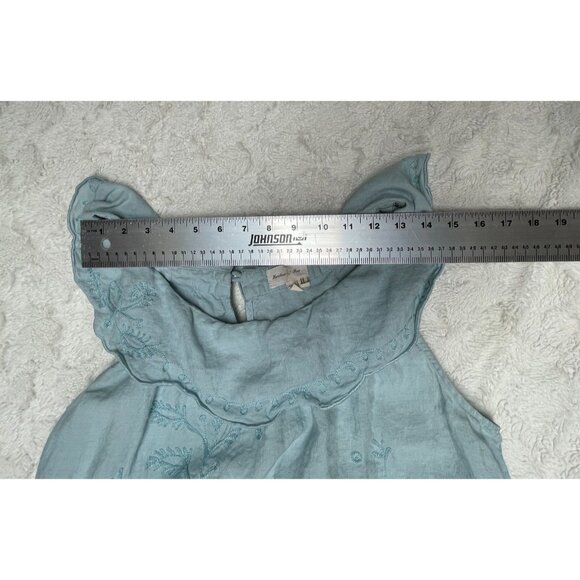 Anthropologie Meadow Rue Womens Embroidery Ruffle Neck Linen Top Size 12 Blue - Picture 7 of 9